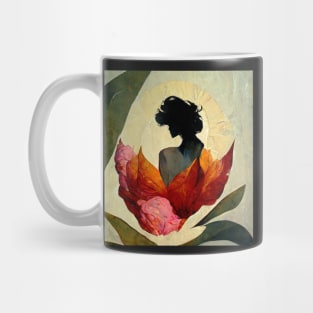 Contemporary painting. Peony flower, sun, leaf, woman, love,gift Mug